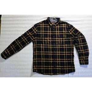 Alesbury Men's L Slim Fit Black Gold Plaid Flannel Shirt Dual Snap Pockets EUC